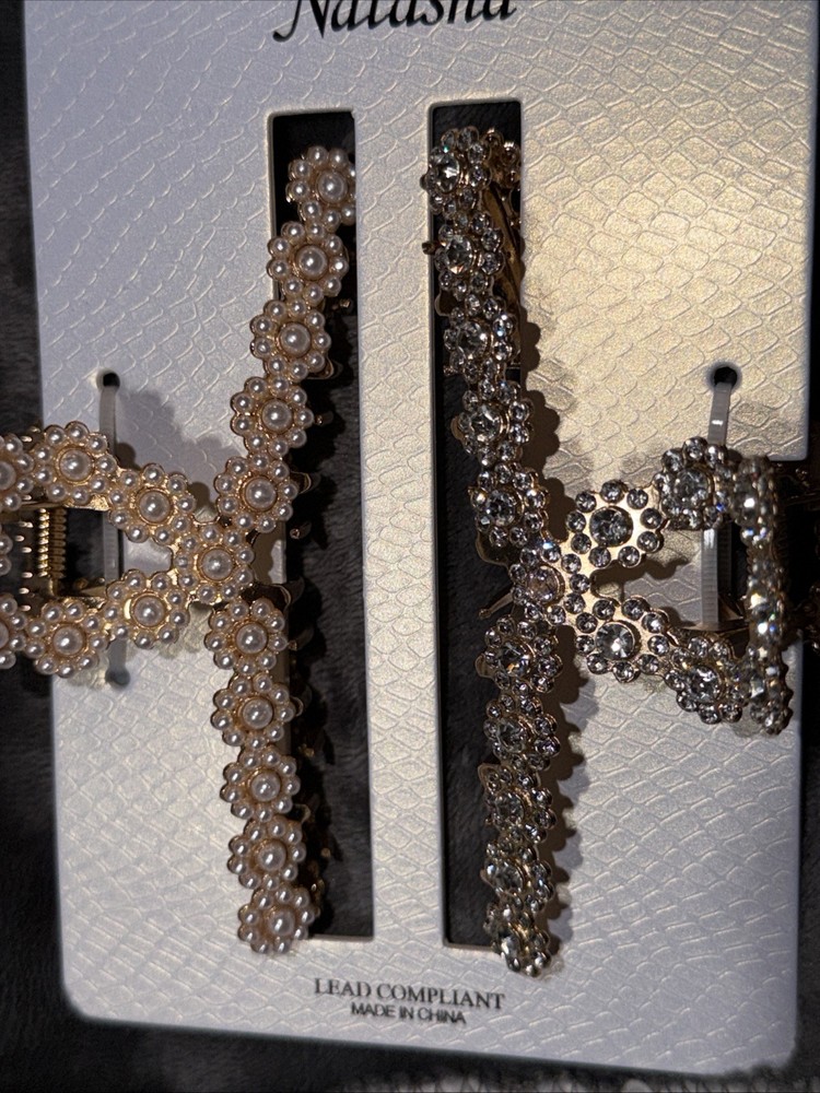 NATASHA HAIR CLIPS Faux Pearls & Rhinestones -Lead Compliant -Set of 2