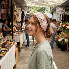 1Pc Pink Daisy Crochet Headband Polyester Boho Hair Band for Daily Wear