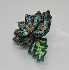 Large Beaded Blue Green Barrette Glass Beaded Flower Design
