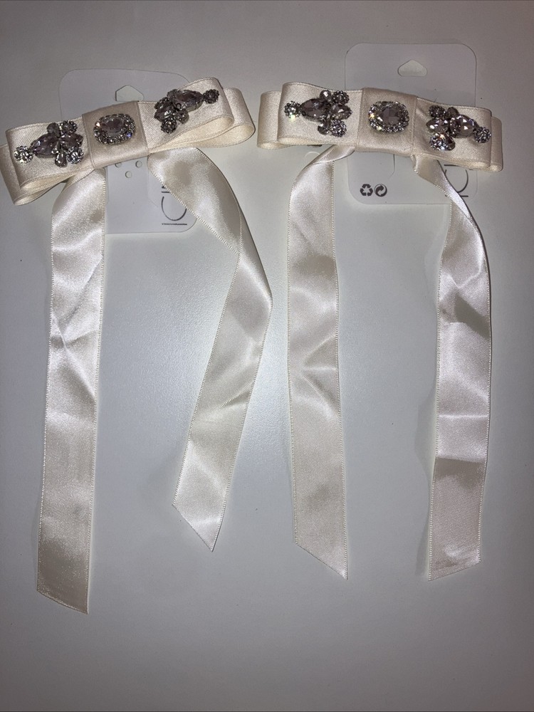 2pc Set Icing Ivory Rhinestone Studded Satin Long Tail Hair Bow Clip