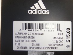 Adidas ALPHASKIN Headband 2.0 Halo Mint Green 91% Polyester 9% Spandex Washable