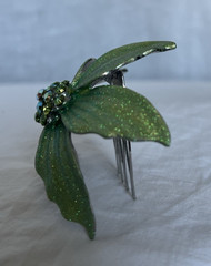 Vintage Y2k Metal Hair Comb Green Jeweled Flower Fairycore Summer Garden Party