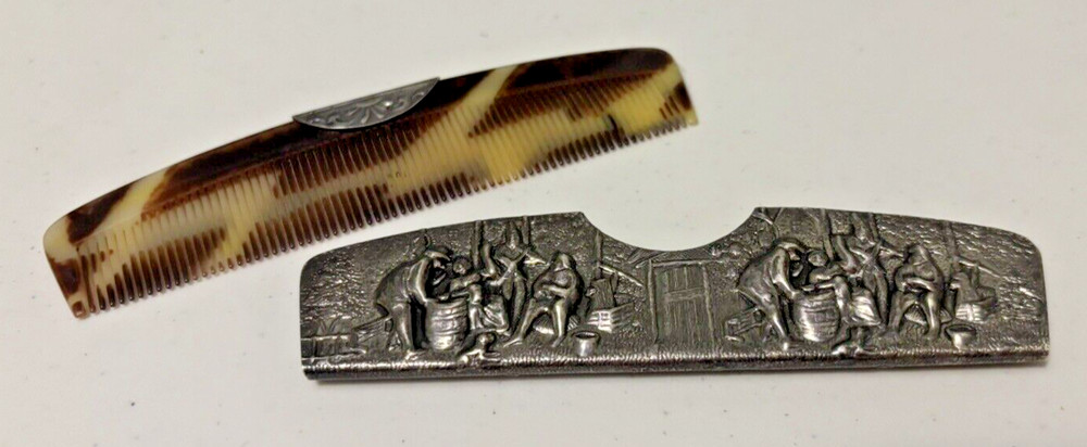 Vintage Silver Tone Metal Embossed Case with Acrylic/Plastic Comb