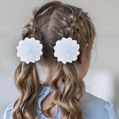 2 PCS 3.5 Inch Blue Lace Pearl Bow Clips Grosgrain Ribbon Alligator Clips