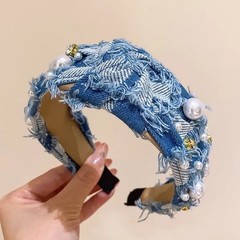 Denim Pearl Headband Women Girls Kids Knotted Headband Sparkle Rhinestone
