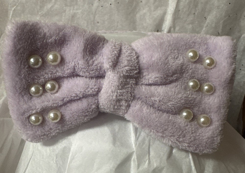 Plush Bow Spa Headband W/ Pearls On Top Of Bow-Teen Or Adult Lavender
