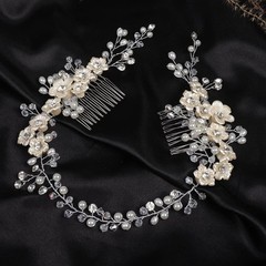 Bridal White Flowers Crystal Pearl Hair Comb Silver Accessories Wedding Women