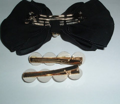 BLACK SILK BOW HAIR BARRETTE AND WHITE PEARL H AIR CLIPS