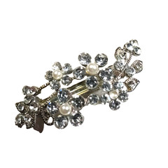 Hair Barrette Tension Clip Clear Rhinestone Faux Pearls Wedding Pageant Party
