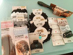 10 Conair Hair Items Scunci Items/ 2pkgs. (120) elastics, Brush, Barrettes etc
