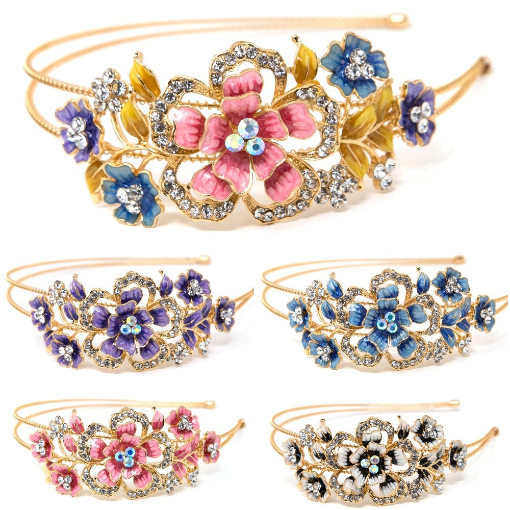 USA New Fashion Crystal Rhinestones gold tone metal big Flowers design Headband