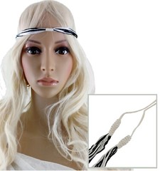 Bohemian Black And White Multi Strand String Stretch Headband Flapper Gatsby