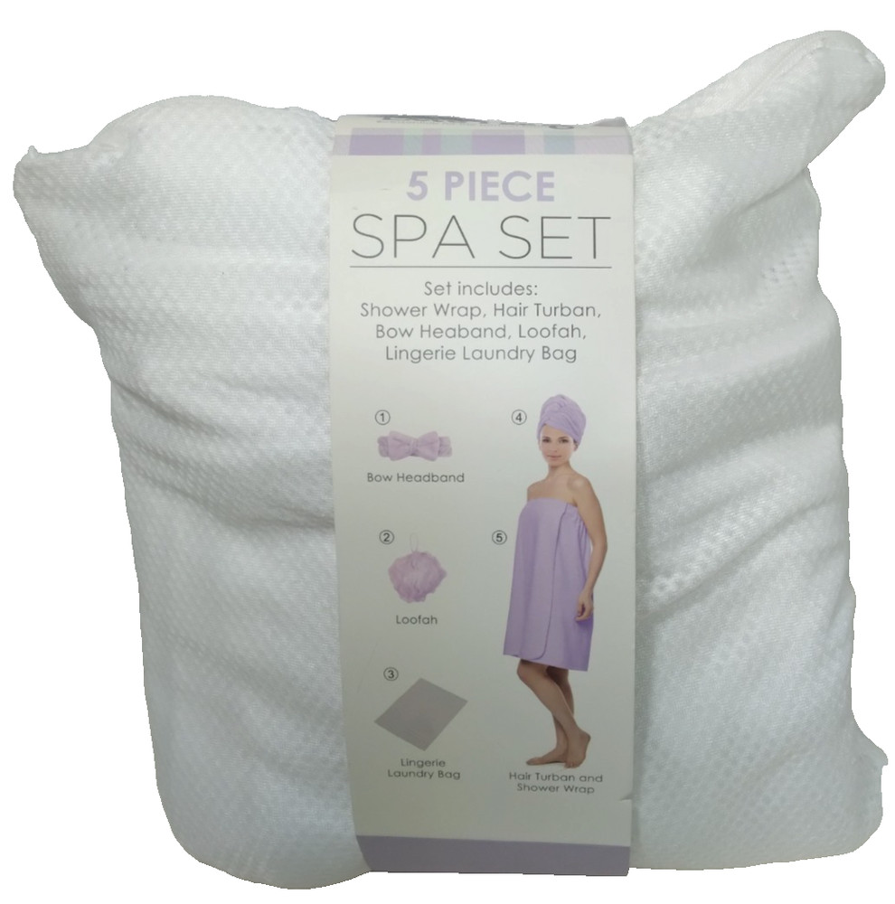 5 Pc. SPA SET-Hair Turban, Loofah, Shower Wrap, Bow Headband, Laundry Bag NEW!