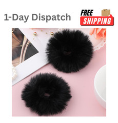 2Pcs Black Pompom Hair Tie Furry Faux Rabbit Fur Fuzzy Scrunchies