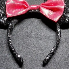 Minnie Mouse Black Sequin Mouse Ears Headband w/ Pink Bow, Glitter Solid