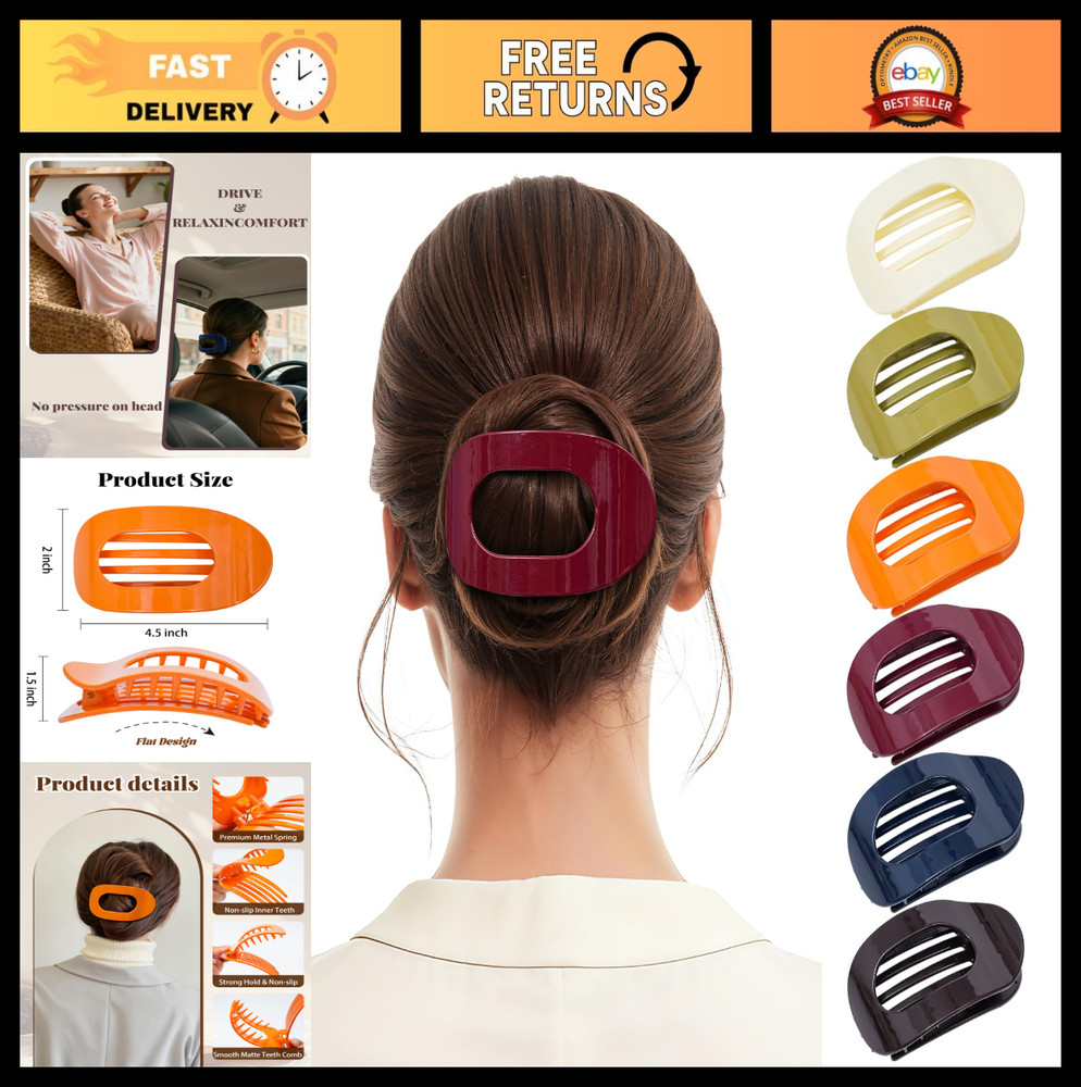 6 PCS Non-Slip Flat Hair Clips – Medium Claw Clips for Thick & Thin Hair, Strong