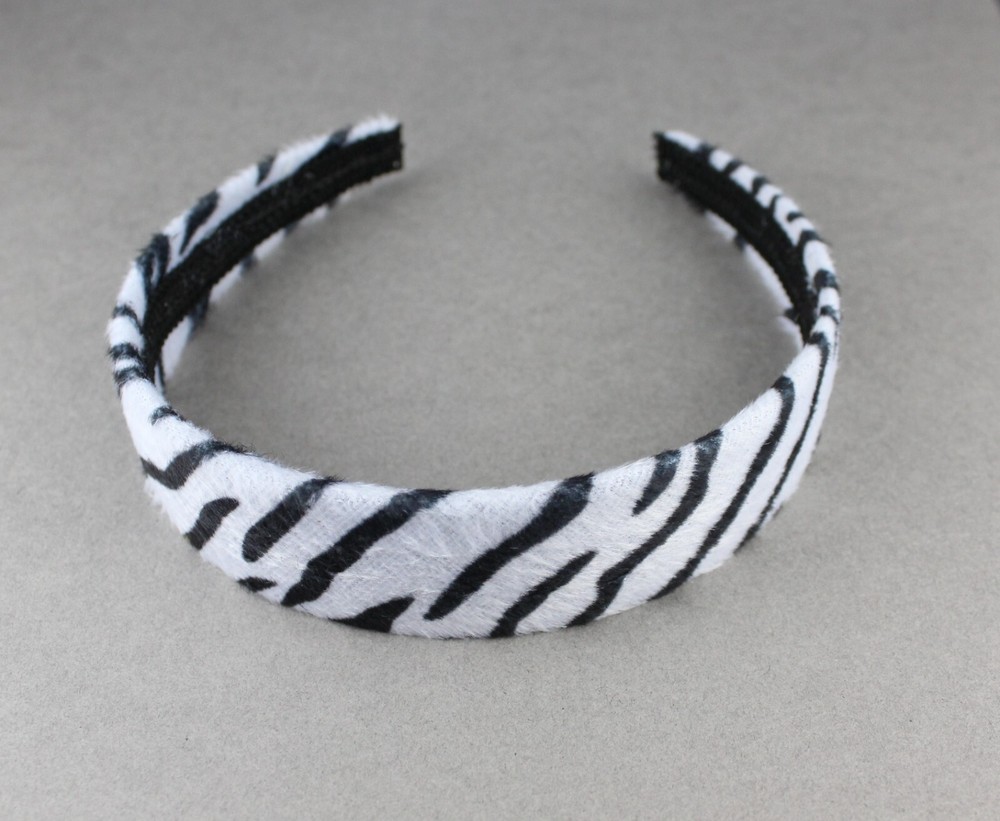 Black White zebra stripe faux fur animal print headband hair band 1 /8″ wide