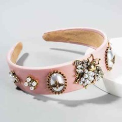 LUXURY HANDMADE PALE PINK HEADBAND WITH RHINESTONES, WHITE PEARLS AND BEES