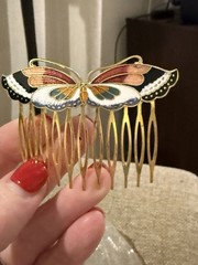 Butterfly Enamel Hair Comb Set Pair Gold Tone Metal Multicolor Decorative