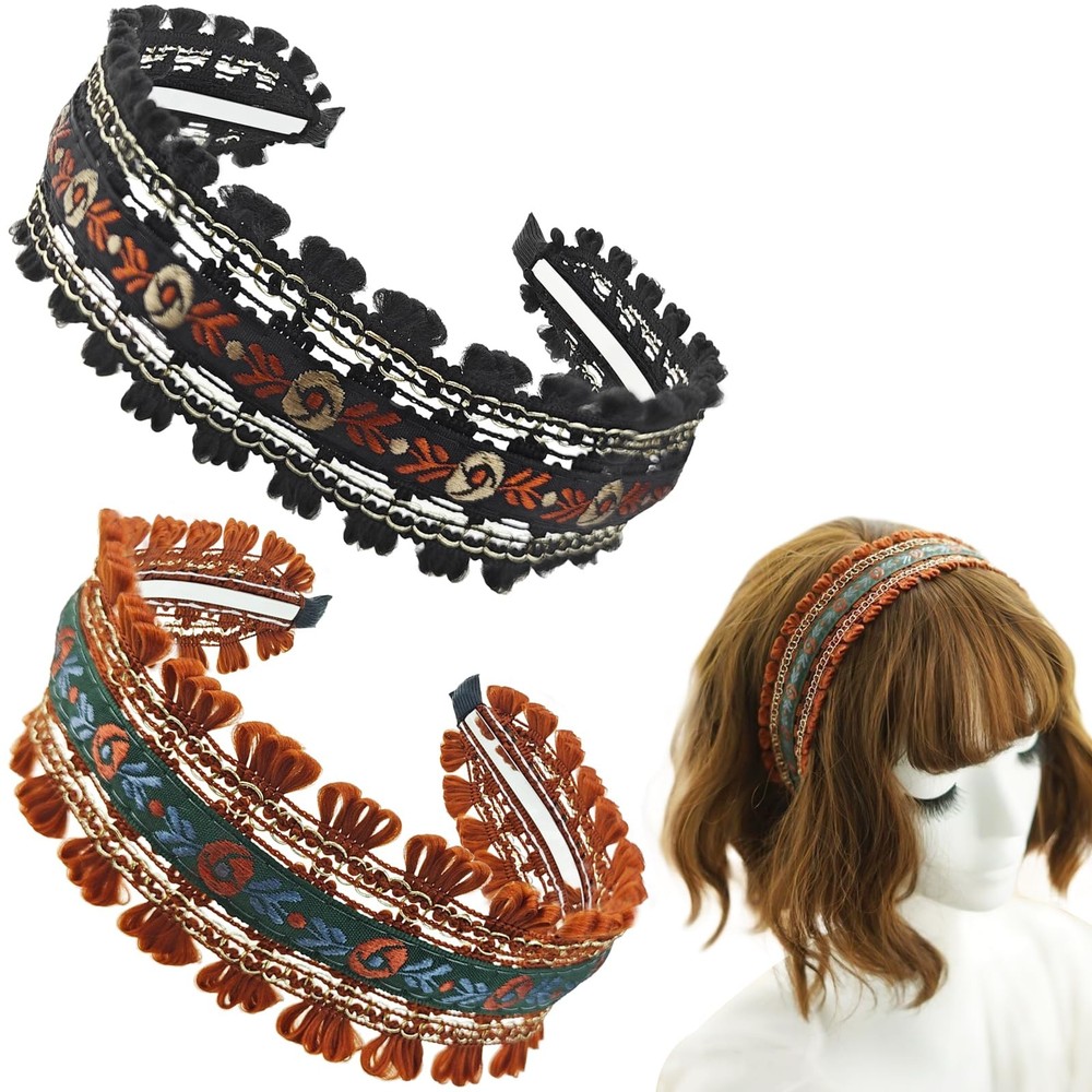 2 Pack Embroidered Headbands for , Wide Non-Slip Boho Floral Hair Hoops, Ethn…