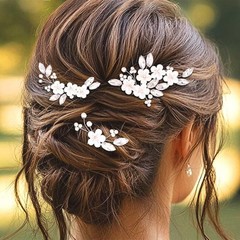 Flower Bride Wedding Hair Pins Silver Crystal Bridal Pearl Pieces 3 PCS Set