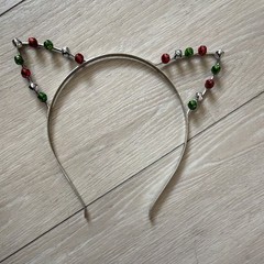Silver Metal Cat Ear Headband Red & Green Beaded Accents Christmas Party