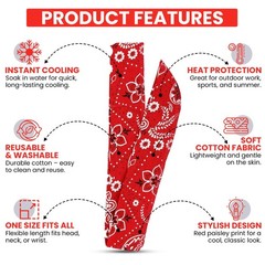 4-Pack Cooling Gel Bandana Head Band, 38-Inch, Red Blue Paisley, Cott