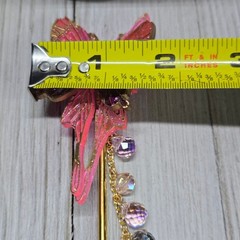 Handmade Delicate Gold and Pink Butterfly Hair Stick w/ Wings and Crystal 7″ L