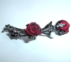 JEWELED FRENCH RED SILK ROSES BARRETTE