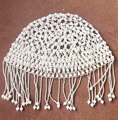 Women’s White Handmade Beaded Hair Net Cap Headpiece w/ Fringe Tassels Vintage