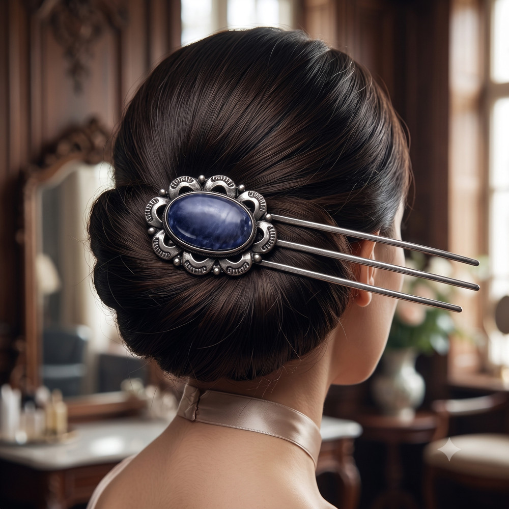 Blue Sandstone Gemstone Oval Shape Vintage Style Handmade Hair Pin 3.7″ AAH-27