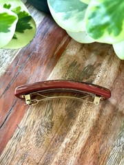Louis Vuitton Thick Brown Red Resin Hair Barrette with Gold Monogram Accents