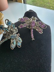 2 Vintage Silver Tone Embellished Butterfly Hair Clips, layered movable wings