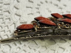 Vintage Style Peacock Bird Barrette Clip Rhinestone Gold-toned Reddish Orange