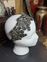 Black Lace Floral Headband Gold Trim Stretch Hair Band Elegant Boho Formal