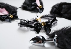 Black Pink White Cute Ear With Bell Bows Cat Ears BDSM Pet Play Set Cosplay