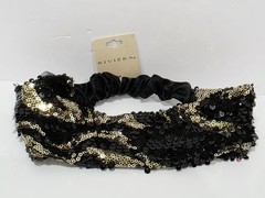 Riviera SEQUIN BLACK GOLD Headband Stretch Satin Elastic Hair Mardi Gras New
