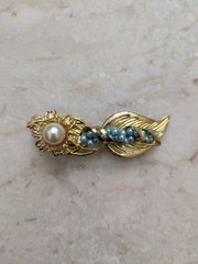 Elegant Gold Leaf & White Faux Pearl/ Blue Beads Flower Barrette Hair Clip