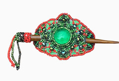 Spirit of Nature Hair Stick Clip Seed Beads- stone in center-orange green