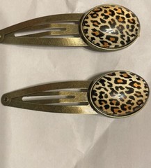 (2) Brown Leopard Oval Cabochon Vintage Bronze Metal Large Snap-in Hair Clips