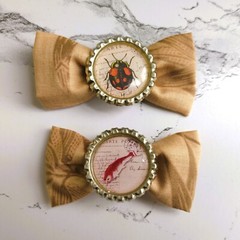 Handmade Light Brown Bow Barrette Ladybug & Fish Illustration Bottle Cap Center