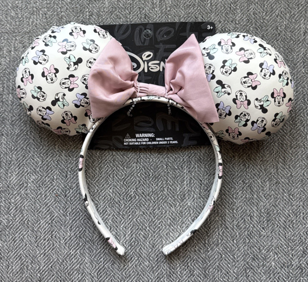 Disney Minnie Mouse Ears Headband Pink Bow Cream Patterned NWT Pastel Park Wear