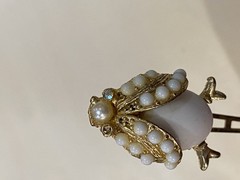 Gold Tone Metal Beetle Hair Clip Barrette w/ White Faux Pearls & Rhinestones