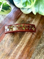 Louis Vuitton Thick Brown Red Resin Hair Barrette with Gold Monogram Accents