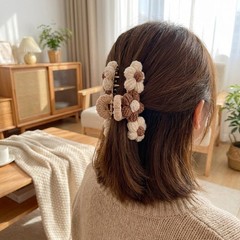 Brown Beige Crochet Flower Hair Claw Clip Floral Knit Hair Claw for Women