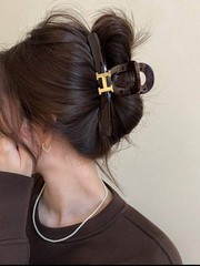 Women’s Oversized Black Plastic Hair Claw Clip w/ Gold Logo Accent