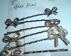 6 New Golden and Silver Pearl and Rhinestone Bow Bobby Pins New with Tag