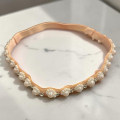 Peach Elastic Fabric Oval Headband / Faux Pearl Beaded Hair Accessory Women
