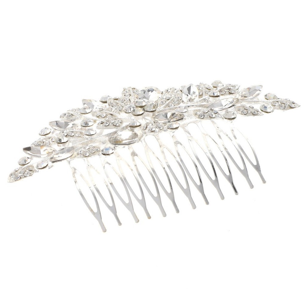 Silver Tone Metal Clear Rhinestone Crystal Flower Hair Comb HA93467-SCL