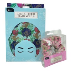 B Pure Women’s Microfiber Floral Hair Wrap and Pink Towel Scrunchie 2-Piece Set